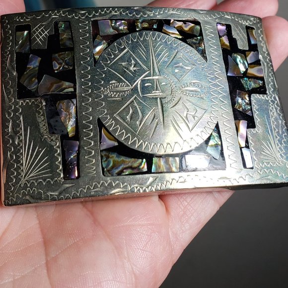 Silver and Mother of Pearl Handmade Belt Buckle - Picture 2 of 5